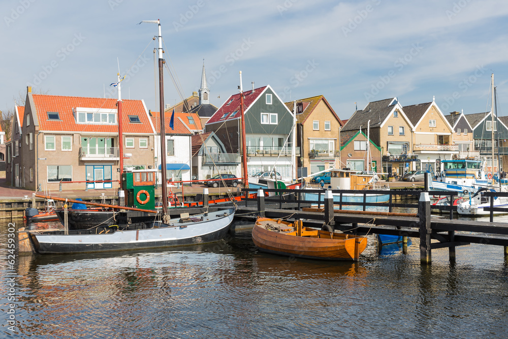 Dutch harbor of Urk with traditional wooden fishing ships