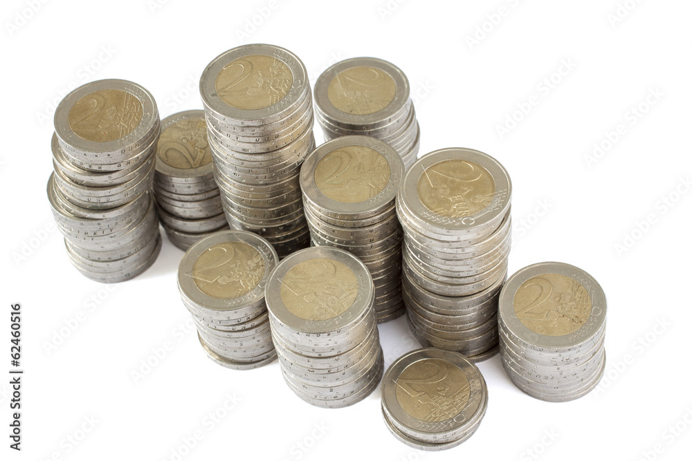 Two euros coins towers