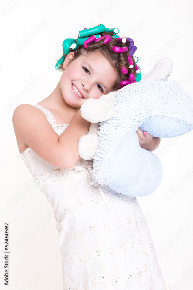 little girl in curlers and pajamas sleep bedtime little girl in curlers and pajamas sleep bedtime