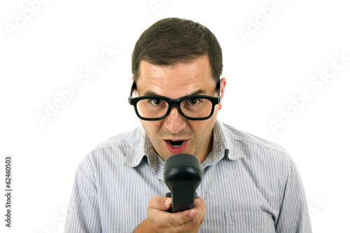 young man with a phone and glasses, isolated on white