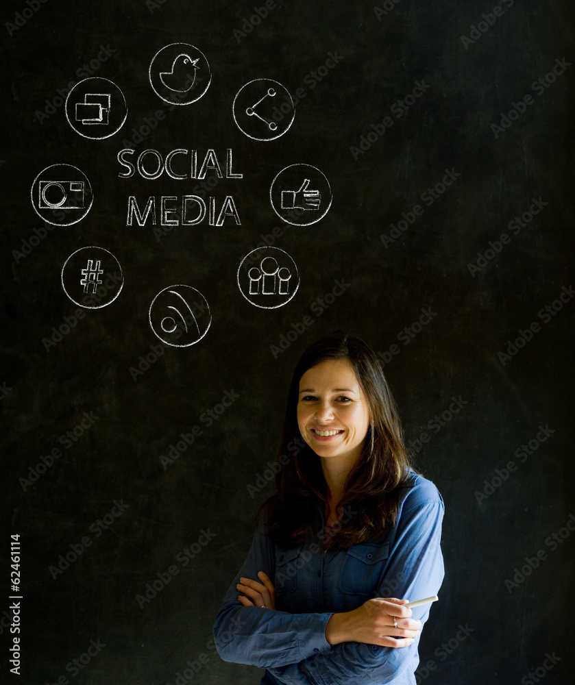 Business woman or teacher with chalk social media icons Business woman or teacher with chalk social media icons