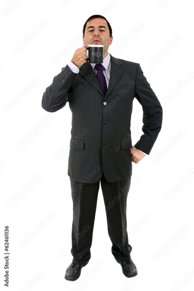 youyoung business man with a cup of milk, isolated on white youyoung business man with a cup of milk, isolated on white