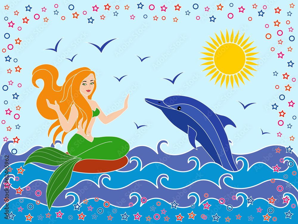 Dolphin and Mermaid in the sea waves Dolphin and Mermaid in the sea waves