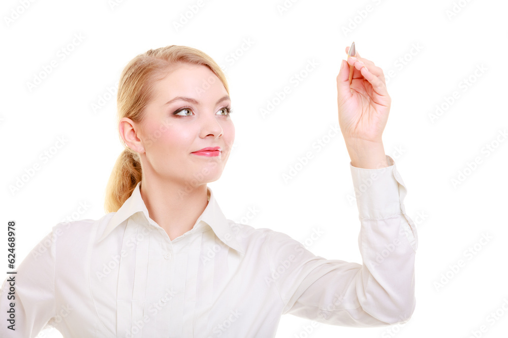 Businesswoman with pen writing on screen whiteboard isolated Businesswoman with pen writing on screen whiteboard isolated