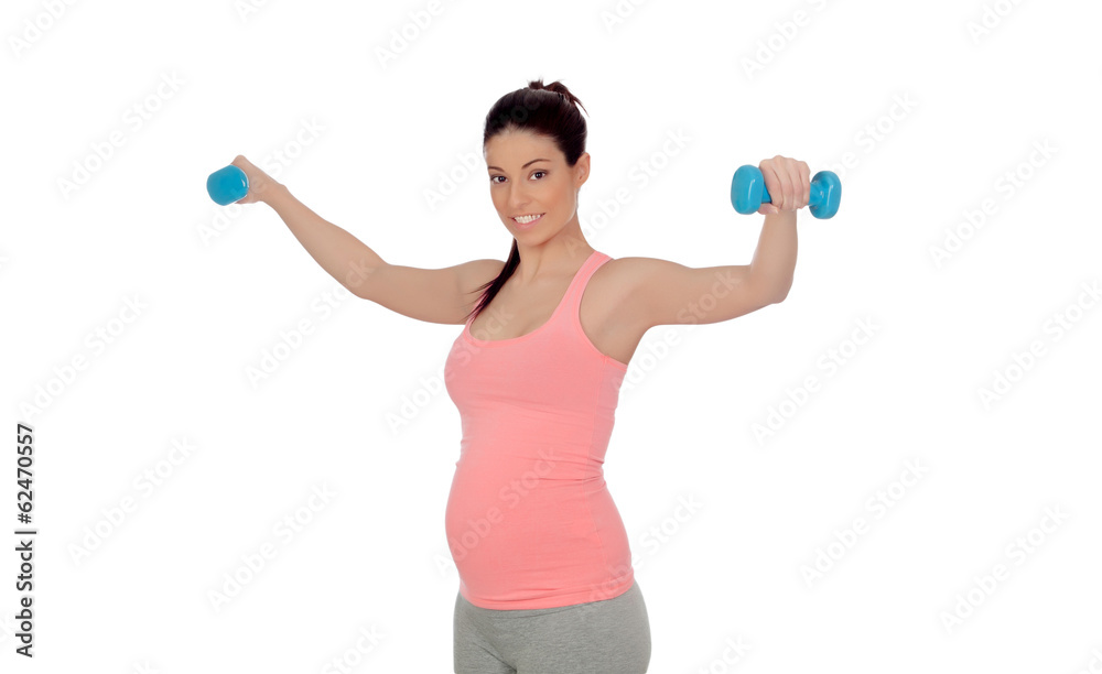Pregnant woman doing exercise with dumbbells Pregnant woman doing exercise with dumbbells