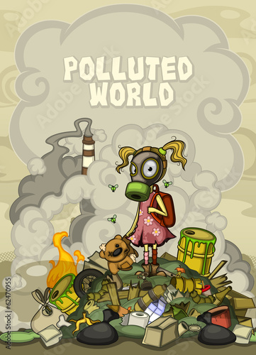 Child on a pile of garbage. With space for text top