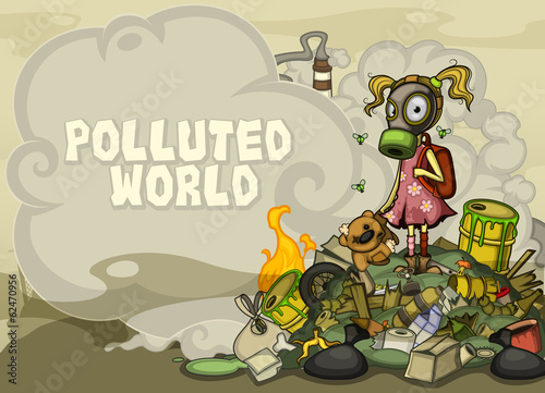 Child on a pile of garbage. With space for text side