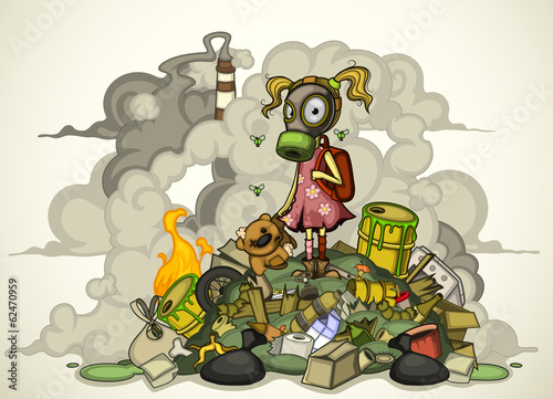 Child in a gas mask standing on a pile of garbage. Isolated