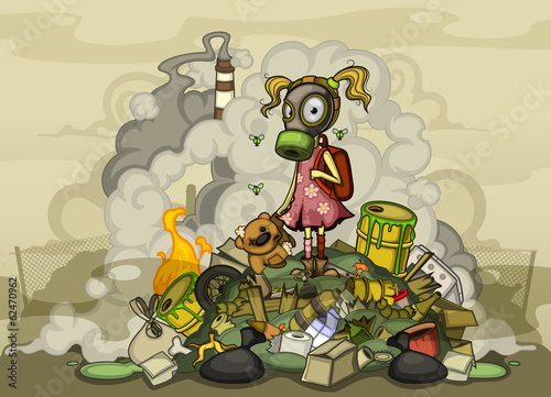 Child in a gas mask standing on a pile of garbage