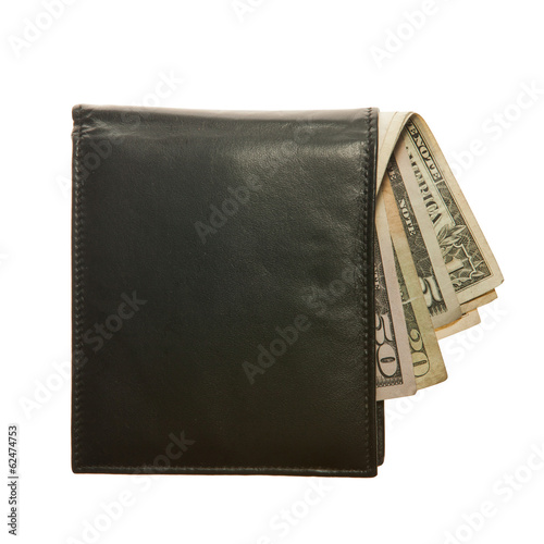 Black leather wallet with Dollar notes