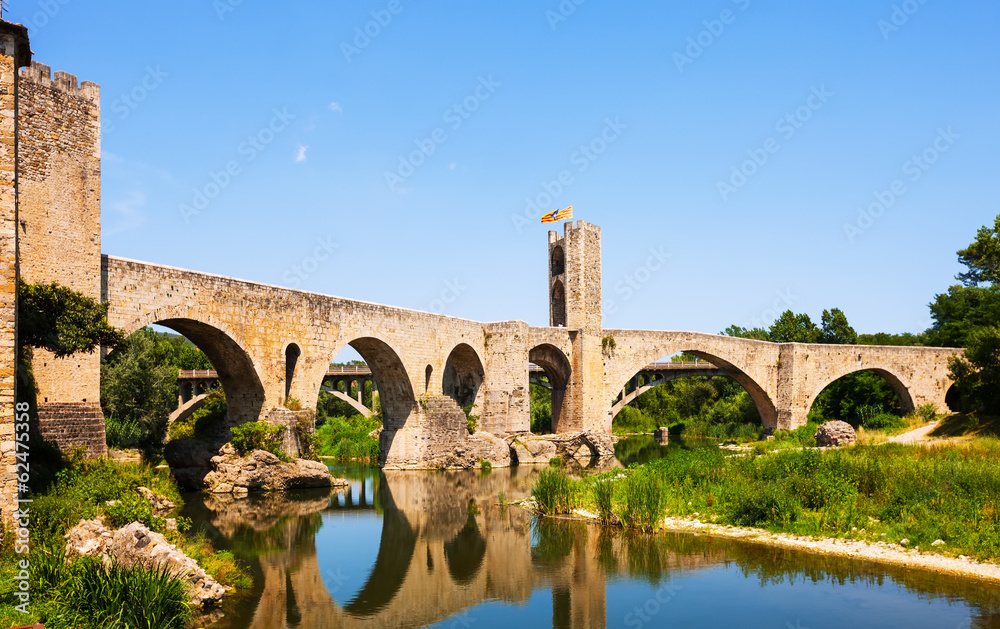 Old european town with medieval bridge over  river