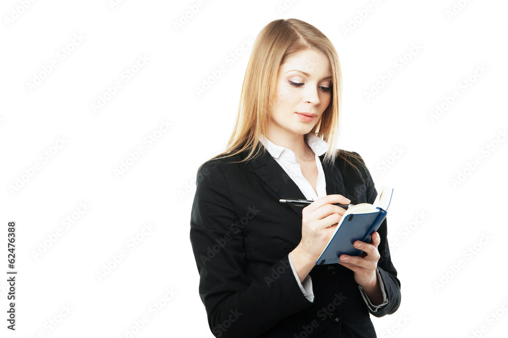 Pretty woman holding spiral Notebook over white Pretty woman holding spiral Notebook over white