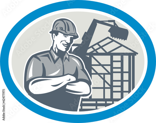 Builder Construction Worker Mechanical Digger Oval
