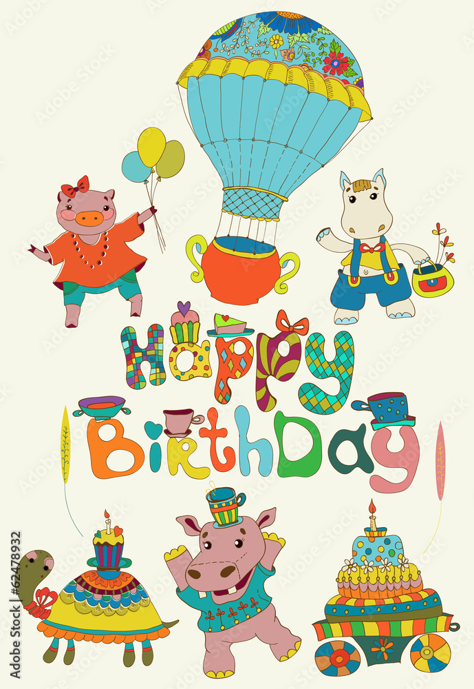 Obraz premium Happy birthday colorful background with funny animals