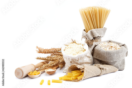 Flour, cereals, pasta in a canvas bag and ear.