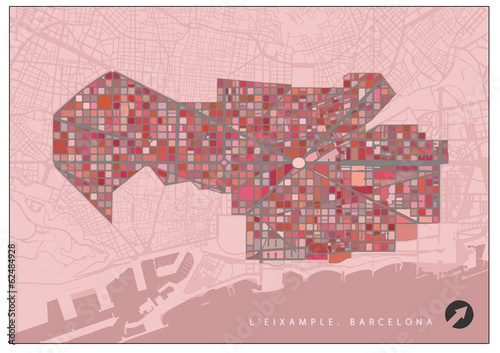 Photography Eixample quarter plan, Barcelona, in red colors