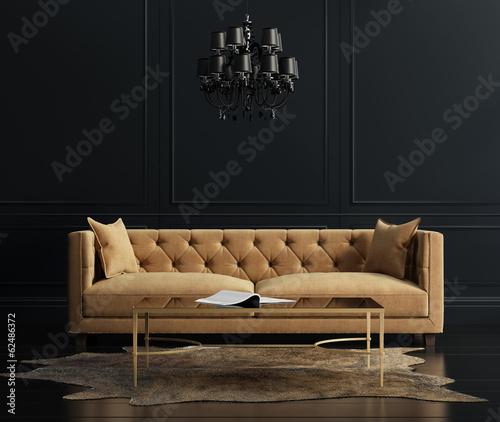 Elegant interior, living room with beige velvet sofa