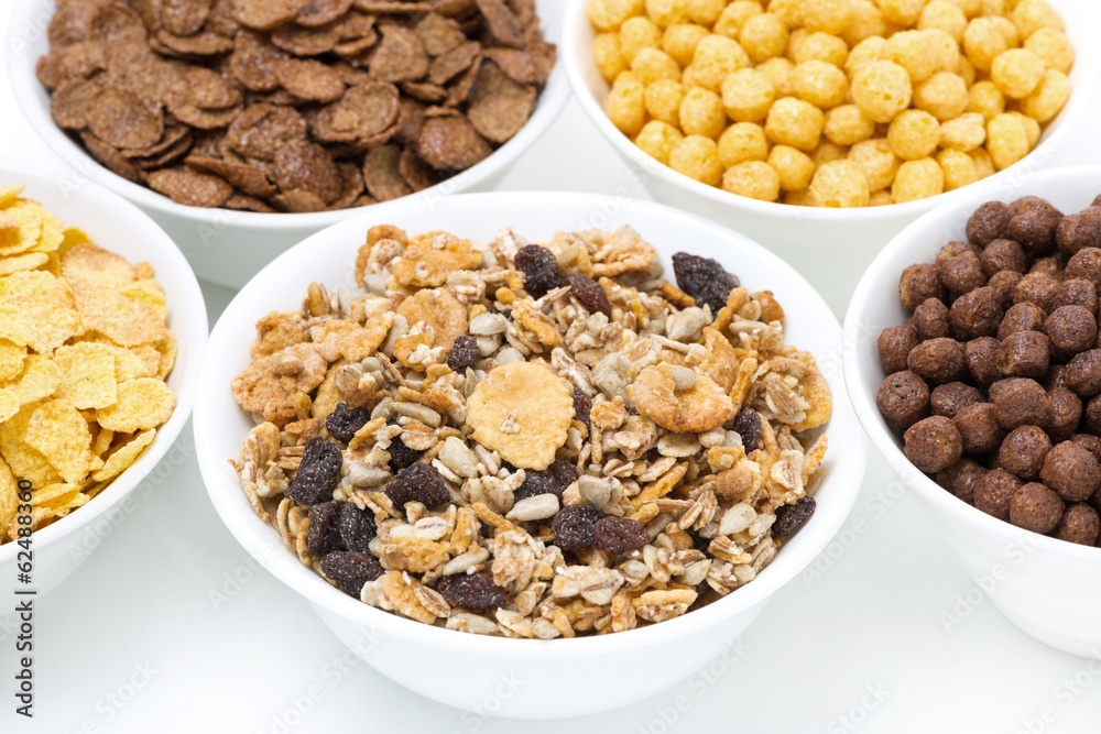 Obraz premium granola and various breakfast cereals, close-up