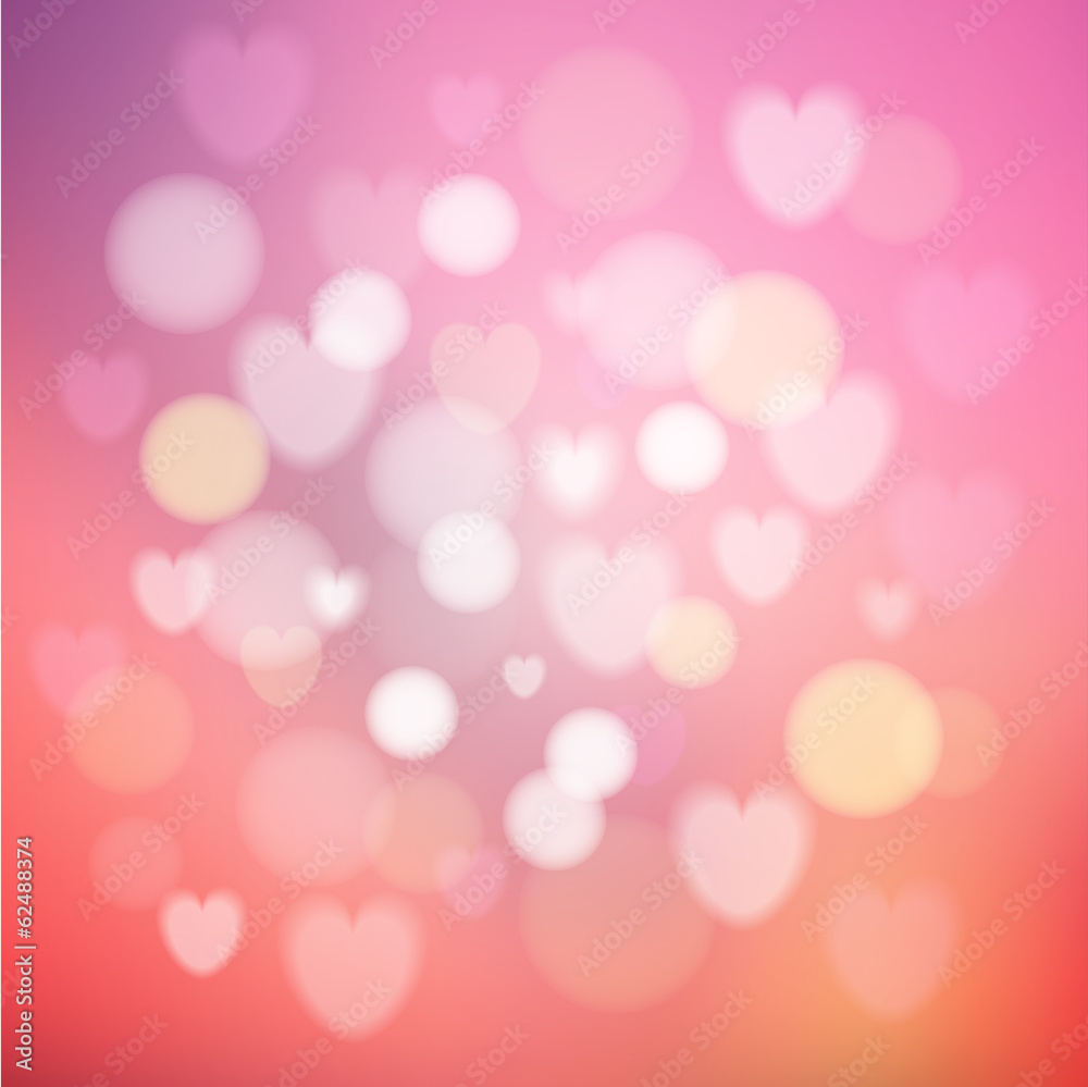 Modern abstract glow background, hearts and bokeh effect, vector