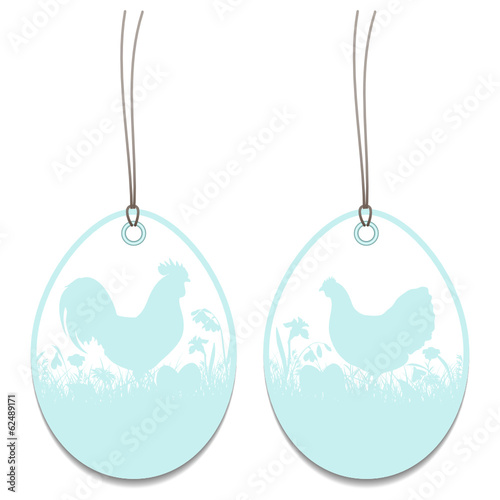 2 Hangtags Easter Rooster Chicken Meadow Retro Pastel
