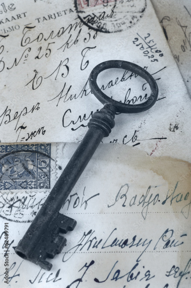 Retro key on postcards