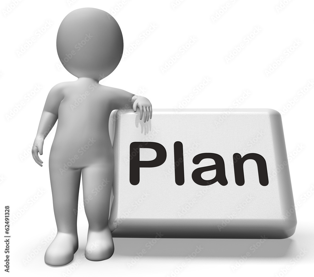 Plan Button With Character Shows Objectives Planning And Organiz Plan Button With Character Shows Objectives Planning And Organiz