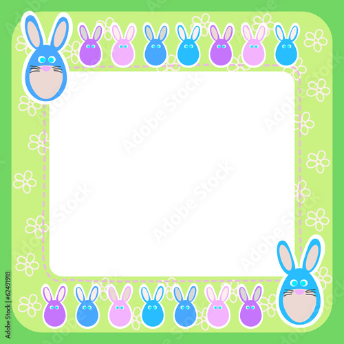 Easter rabbits. Green frame with flowers. photo