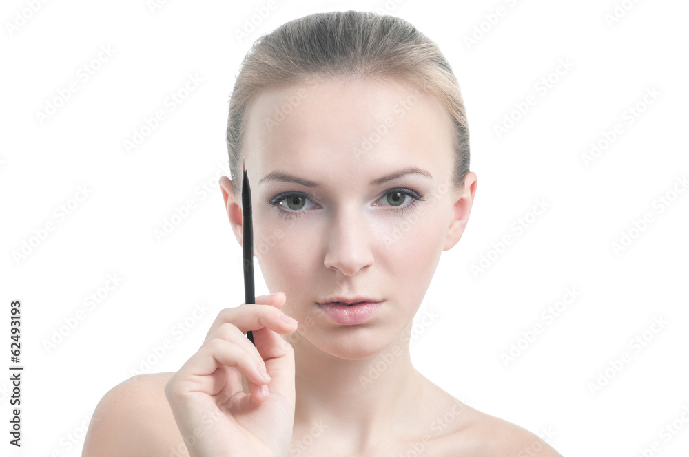 Girl with lipstick brush, isolated on white Girl with lipstick brush, isolated on white