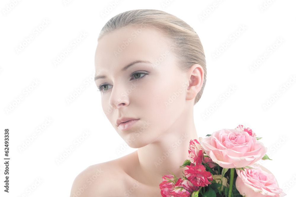 Beauty portrait of girl with bouquet of roses Beauty portrait of girl with bouquet of roses
