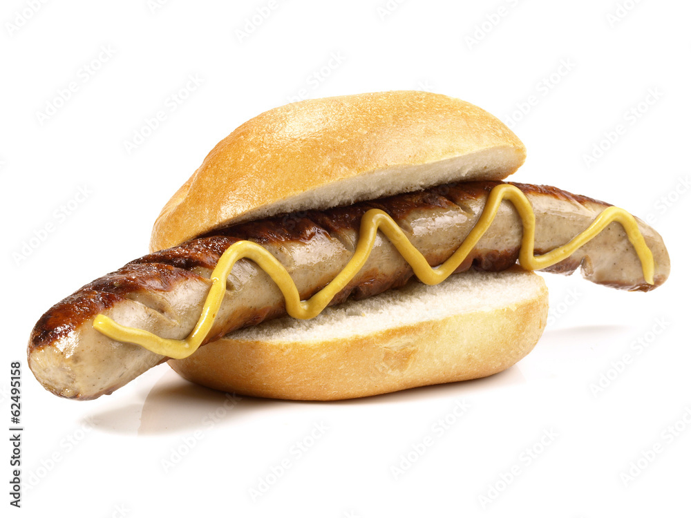 Bratwurst mit Senf im Brötchen foto de Stock | Adobe Stock
