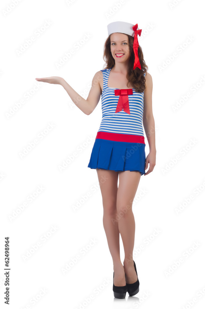 Young airhostess holding hands isolated on white Young airhostess holding hands isolated on white