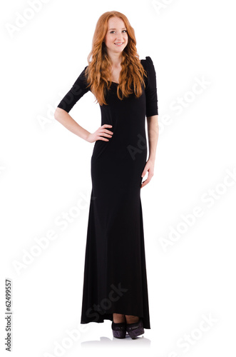 Redhead in black dress isolated on white
