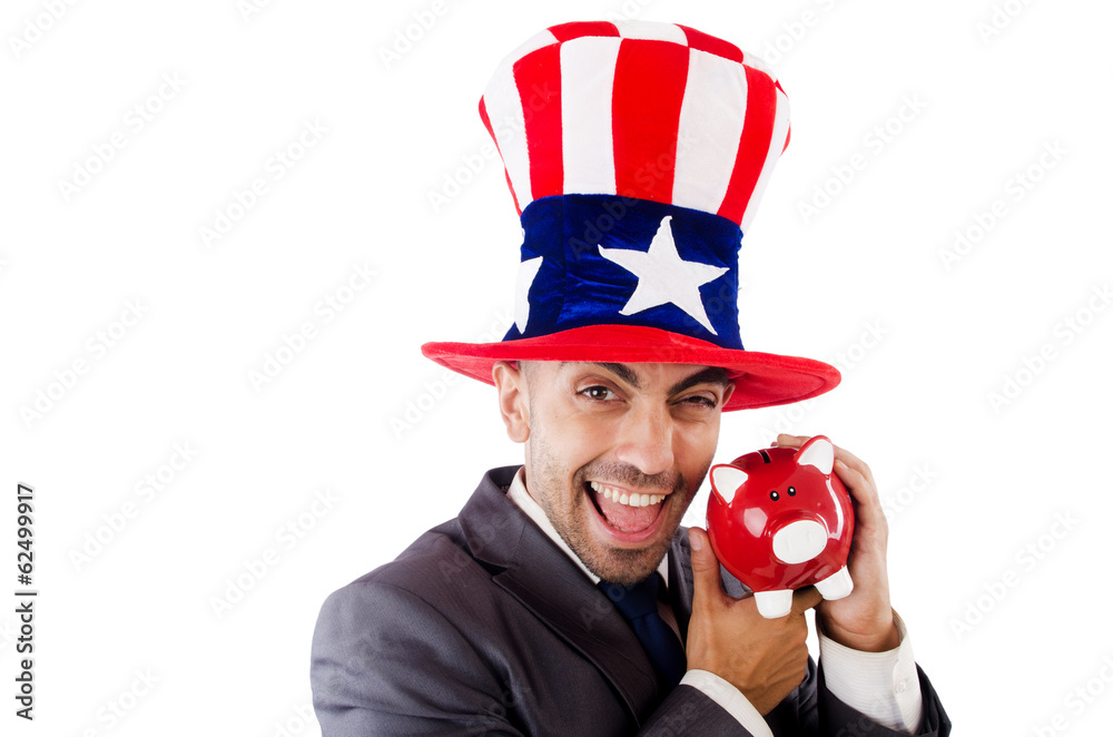 Man with american hat and piggybank Man with american hat and piggybank