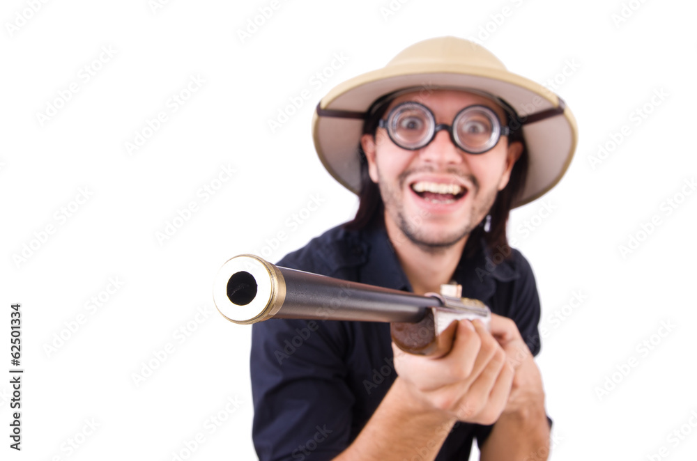 Funny hunter wearing safari hat Funny hunter wearing safari hat