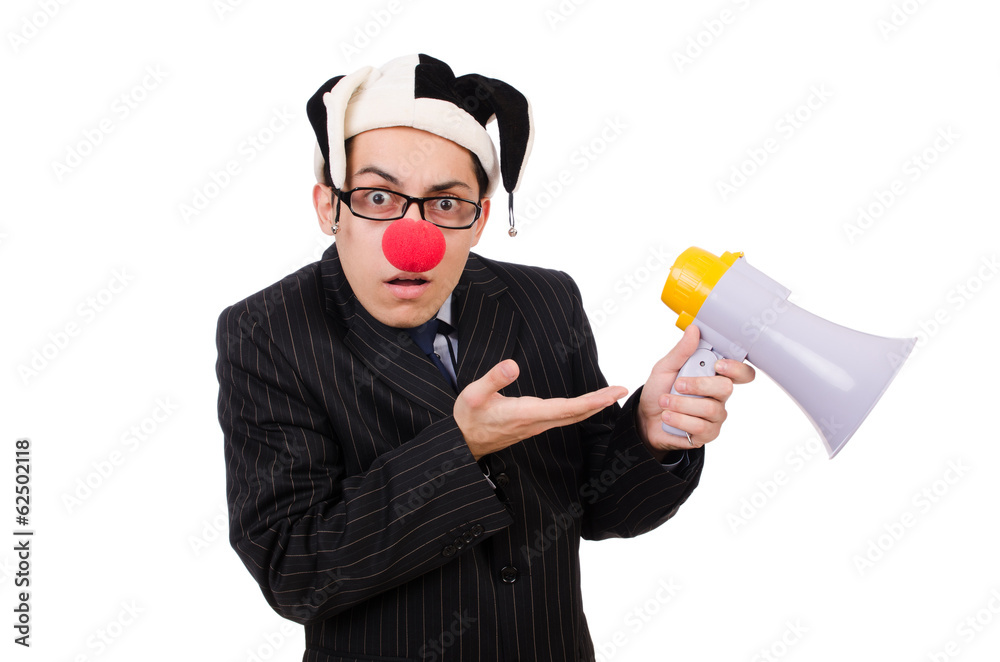 Businessman clown with loudspeaker on white Businessman clown with loudspeaker on white