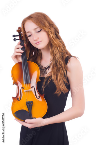 Woman with violin isolated on white