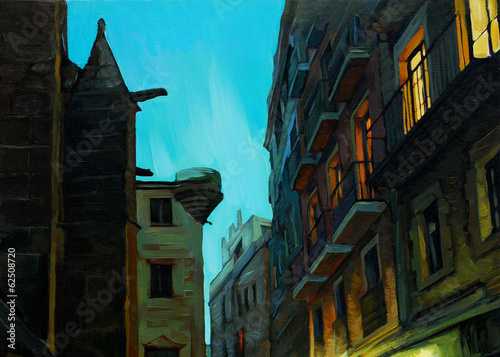 evening in gothic quarter of barcelona, painting,  illustration #62508720