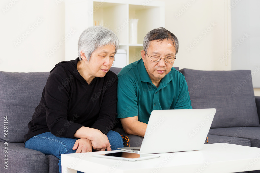 Asian old couple using laptop