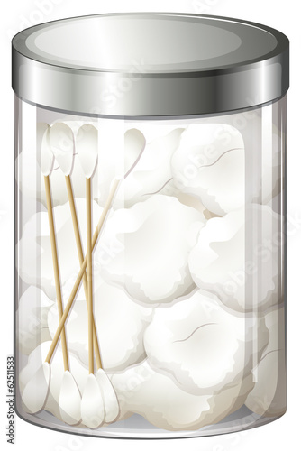 A container with cotton balls and cotton buds