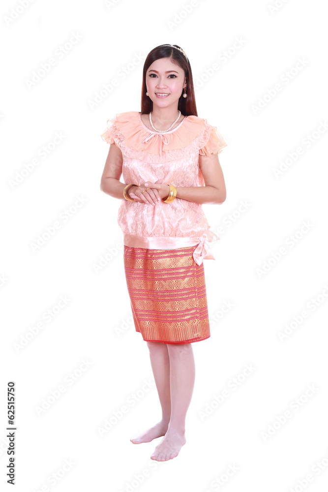 woman wearing typical thai dress isolated on white background woman wearing typical thai dress isolated on white background
