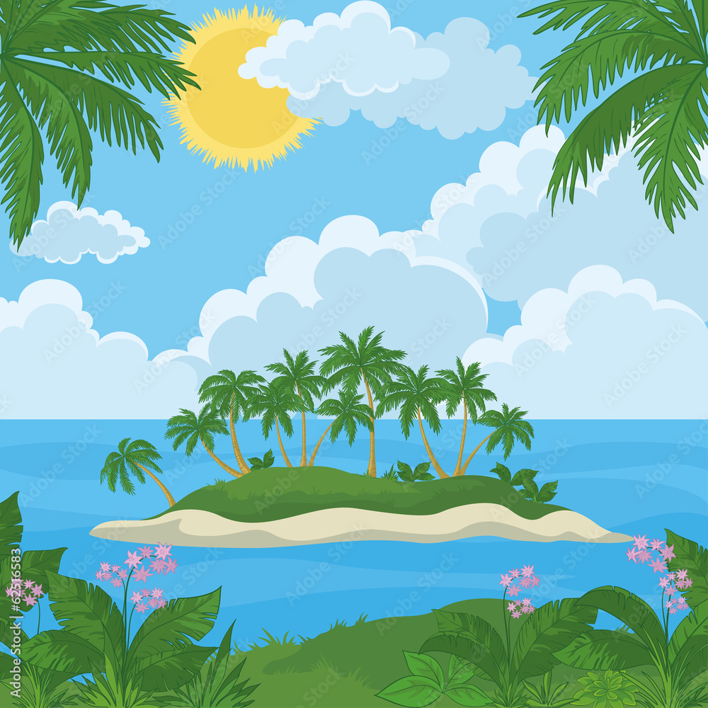 Tropical island with palm and flowers