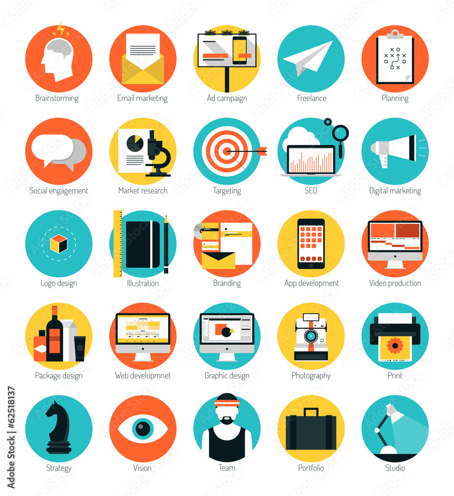 Marketing and design services flat icons set Stock Vector | Adobe Stock Marketing and design services flat icons set Stock Vector | Adobe Stock