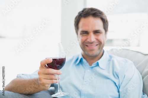 Cheerful man relaxing on sofa with glass of red wine