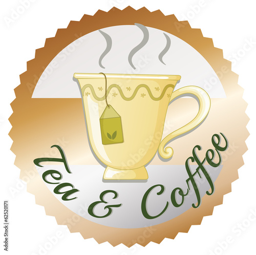 A cup of tea with a tea and coffee label