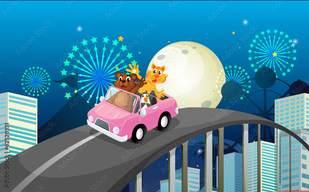 Fototapeta premium A pink car with a bear, a tiger and a penguin