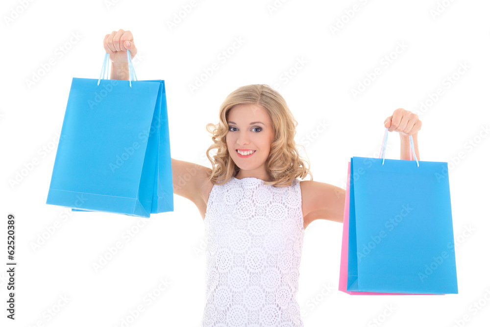 attractive girl in white dress with shopping bags isolated on wh attractive girl in white dress with shopping bags isolated on wh