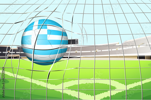 A ball hitting the net with the flag of Greece