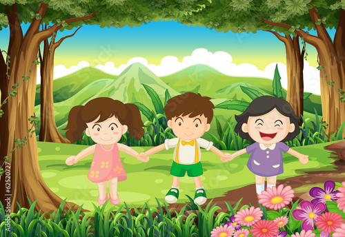 Three playful kids at the jungle