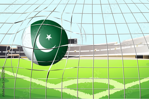 A ball hitting a goal with the Pakistan flag