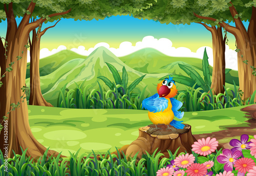 A colorful parrot above the stump at the jungle